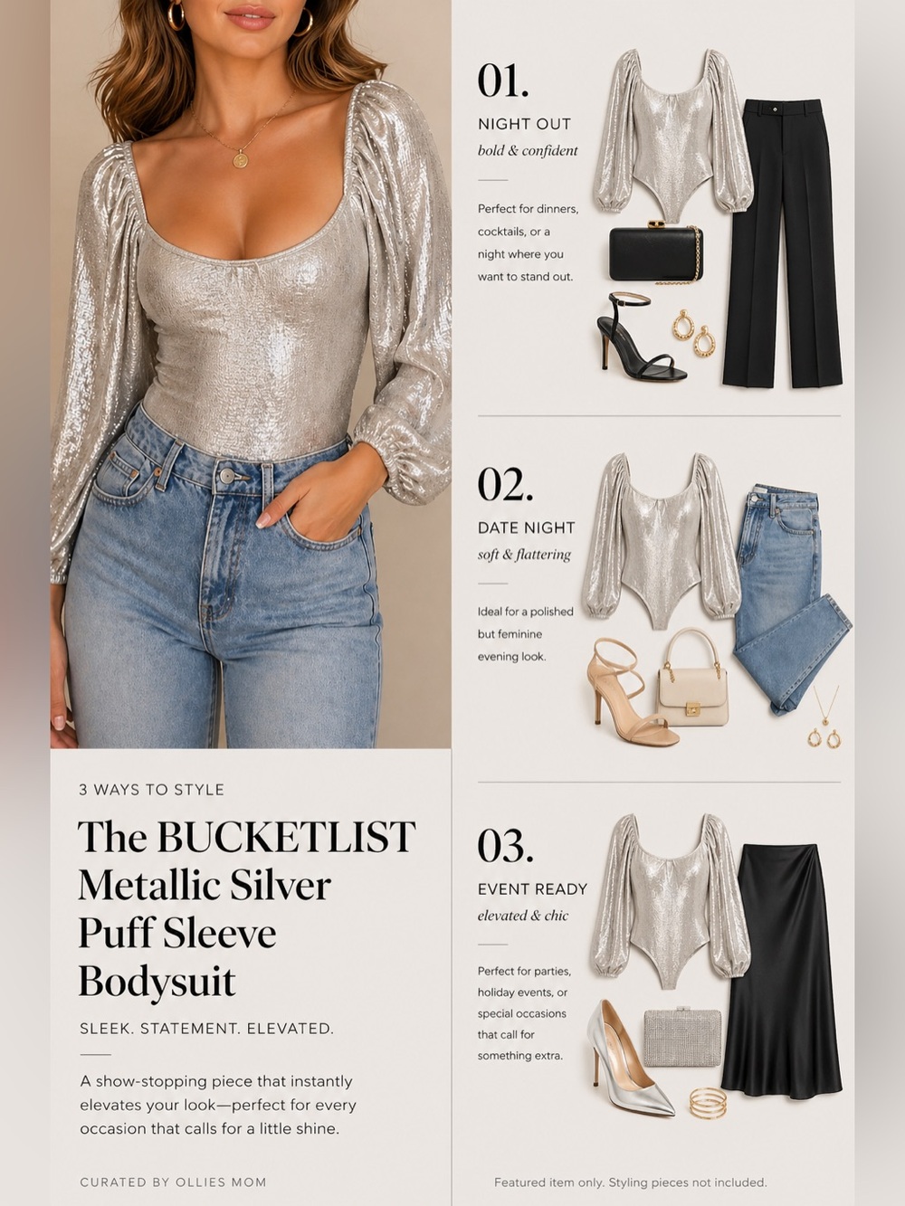 BUCKETLIST Metallic Silver Scoop Neck Puff Sleeve Bodysuit Large NWOT Unworns